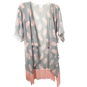 LuLaRoe NWT Women's Monroe Open Front Sheer Kimono Feather Design Fringe Trim S